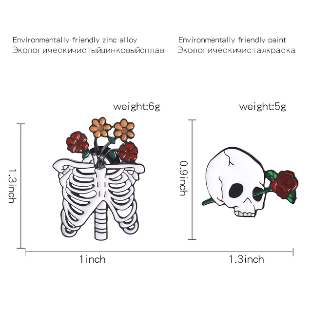 Punkowy broszka z emaliowaną smutną czaszką, kwiatem i czarno-białym lisem - Wianko - 3