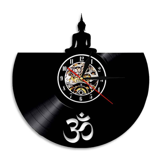 Ścienne zegar-sztuka medytacji Zen Om Budda - dekoracje ścienne do studia jogi, płyta winylowa zegar buddy siedzący - Wianko - 1