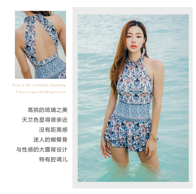 Damski strój kąpielowy jednoczęściowy z wysoką talią i spódniczką, pokrywający brzuch, wykonany z cienkiego materiału w stylu koreańskim - Sexy hot spring - Wianko - 2