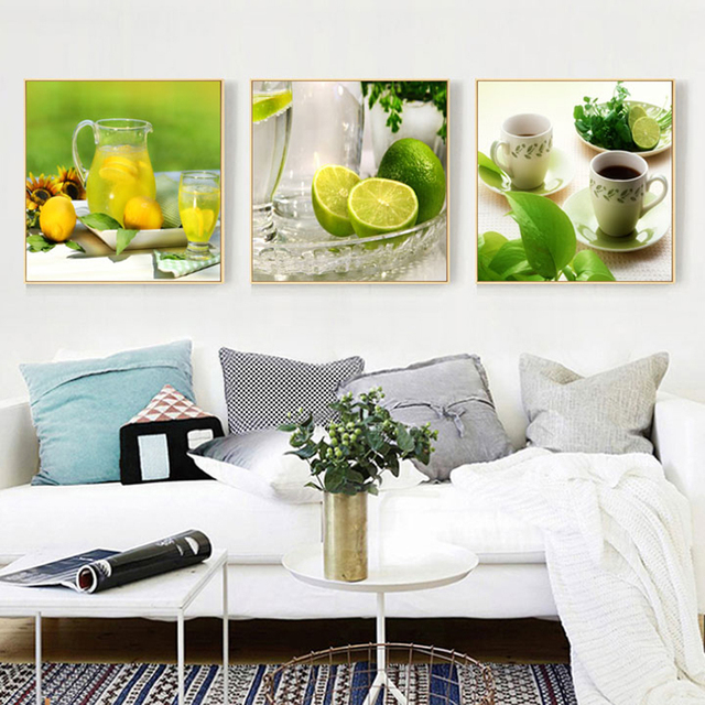 Obraz na płótnie modularny, zielone owoce limonka cytryna, kawa, kwiaty - sztuka do dekoracji wnętrz - Wianko - 4