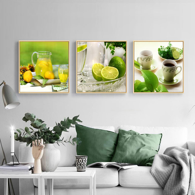 Obraz na płótnie modularny, zielone owoce limonka cytryna, kawa, kwiaty - sztuka do dekoracji wnętrz - Wianko - 5