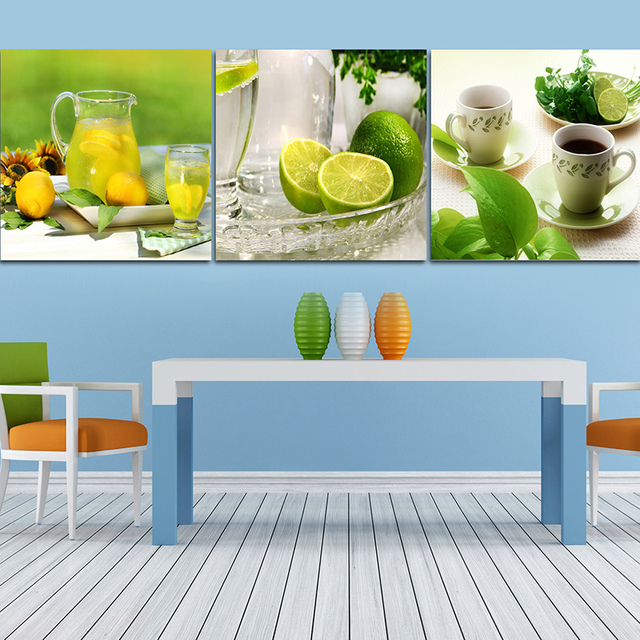 Obraz na płótnie modularny, zielone owoce limonka cytryna, kawa, kwiaty - sztuka do dekoracji wnętrz - Wianko - 3