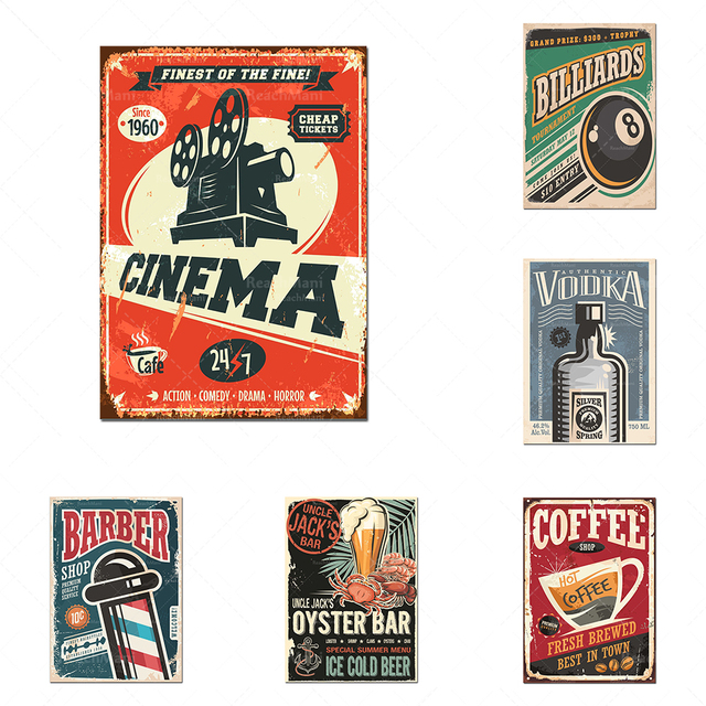 Plakat Kino Retro z motywem roweru, kawy, motocykla, bilardu, Oyster Baru i amerykańskiej restauracji - prezent, pięknie wydrukowany - Wianko - 1