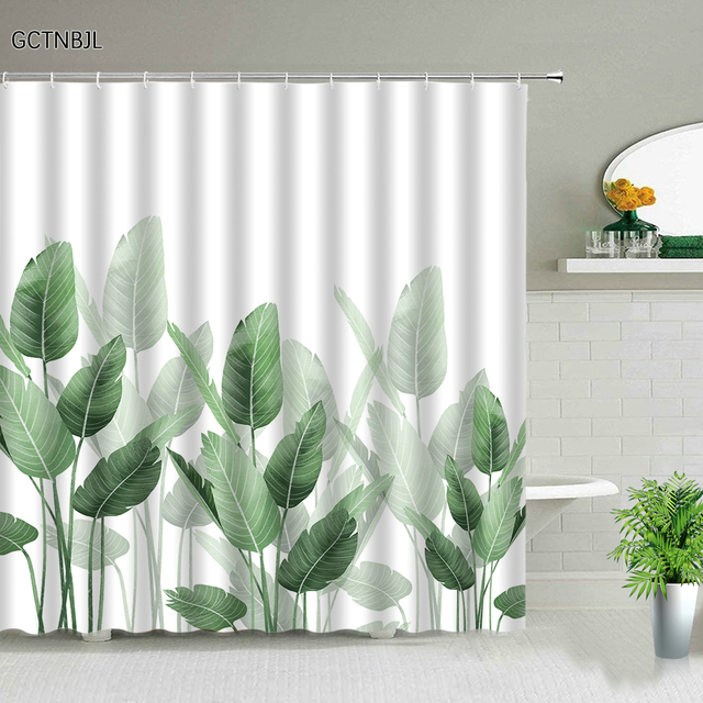 Zasłona prysznicowa zielona z liściastym nadrukiem, wodoodporna tkanina, trwałe rośliny poliestrowe dla łazienki - Wianko - 4