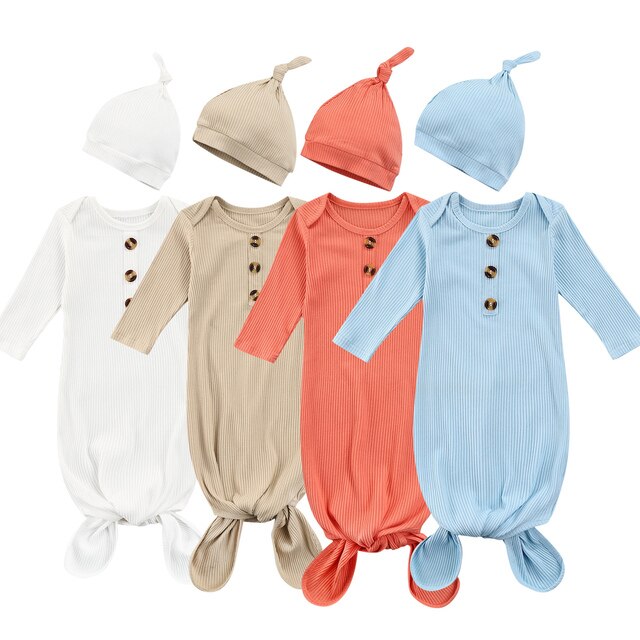 Noworodkowy zestaw śpiochów i czapki 2021 dla chłopców i dziewczynek, jednokolorowe, z guzikami, długie rękawy, bawełniana bielizna nocna - 2 szt - Wianko - 1