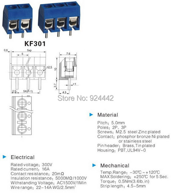 Wysokiej jakości bloczek złączowy PCB śrubowy KF301-2P/3P/5.0-2P 2-pinowy 5.0mm - do komputerów - Wianko - 7