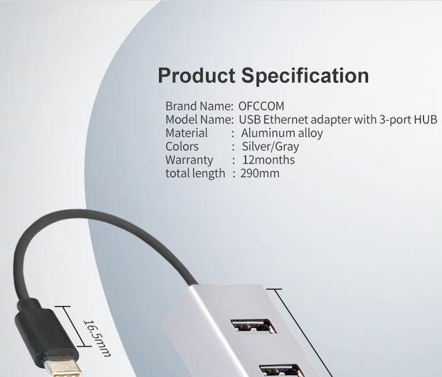 Hub USB OFCCOM 3-portowy USB C z adapterem splitter USB C, RJ45 Ethernet 10/100Mbps, dla MacBooka Pro i tabletów PC z USB-C - Wianko - 14