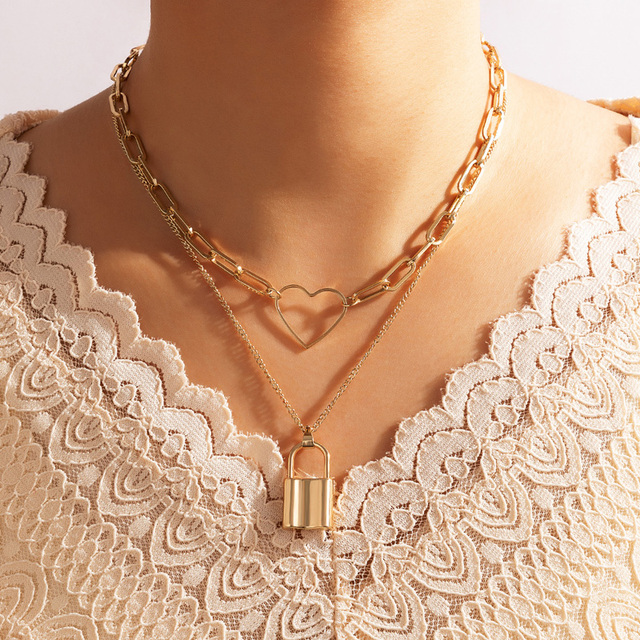 Naszyjnik do zamka na klucz ze stopem w stylu Bohemia z geometrycznym wzorem serca i kubańskim łańcuszkiem dla kobiet - damska biżuteria kołnierz - Wianko - 1