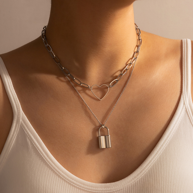Naszyjnik do zamka na klucz ze stopem w stylu Bohemia z geometrycznym wzorem serca i kubańskim łańcuszkiem dla kobiet - damska biżuteria kołnierz - Wianko - 2