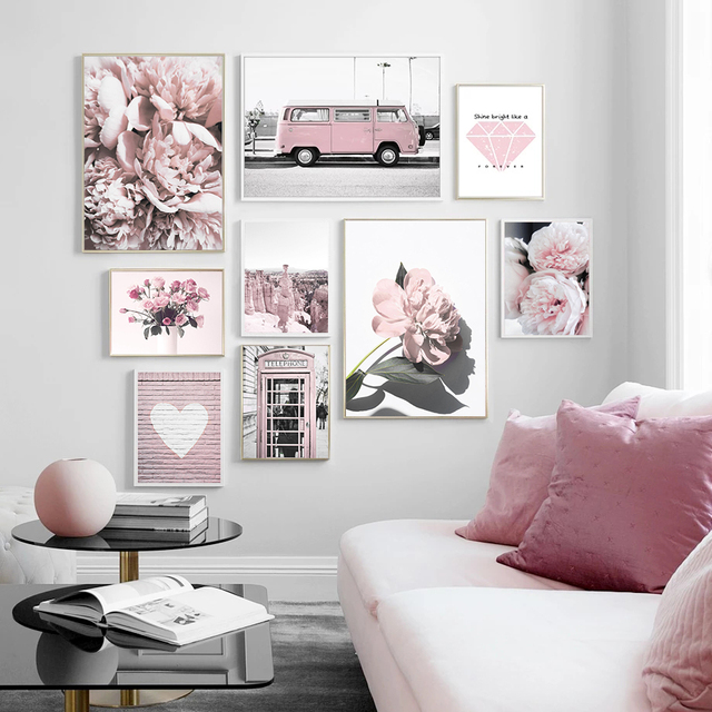 Różowy kwiat autobus budka telefoniczna w stylu skandynawskim – obraz na płótnie z cytatami miłosnymi do salonu - Wianko - 9