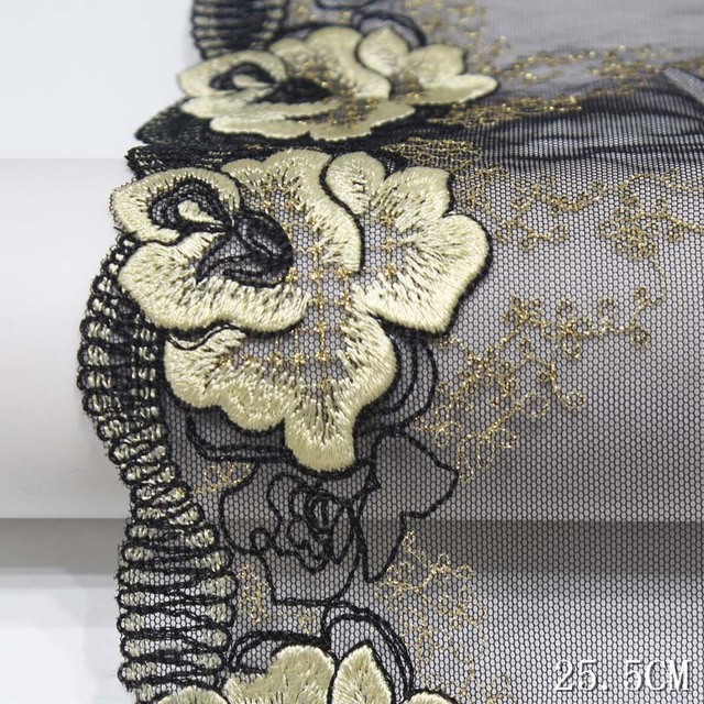 Czarna koronkowa tiulowa tkanina z wysokiej jakości wykończeniem haftowanym ręcznie - 30 jardów - Wianko - 1