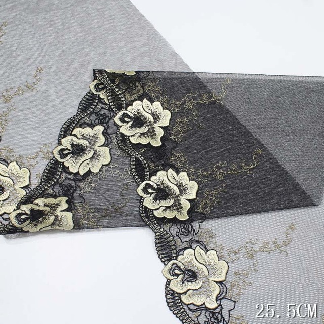 Czarna koronkowa tiulowa tkanina z wysokiej jakości wykończeniem haftowanym ręcznie - 30 jardów - Wianko - 2