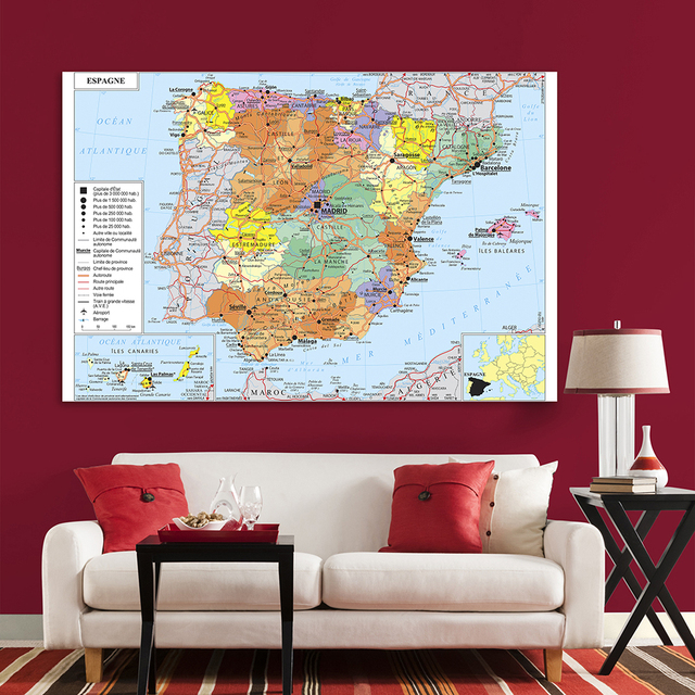 Mapa polityczna i transportowa Hiszpanii we francuskim stylu - plakat na płótnie do dekoracji domu i szkolnych wnętrz (225x150cm) - Wianko - 3