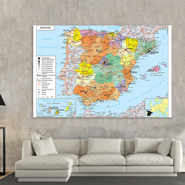 Mapa polityczna i transportowa Hiszpanii we francuskim stylu - plakat na płótnie do dekoracji domu i szkolnych wnętrz (225x150cm) - Wianko - 2