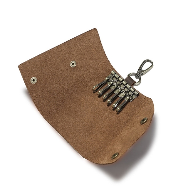Skórzane etui na klucze - vintage torba na klucze z krowią skórą, brelok z łańcuchem i zatrzaskiem, 6 odpinanych haków, wąski portfel - Wianko - 1