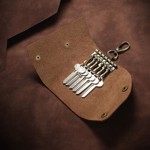 Skórzane etui na klucze - vintage torba na klucze z krowią skórą, brelok z łańcuchem i zatrzaskiem, 6 odpinanych haków, wąski portfel - Wianko - 8