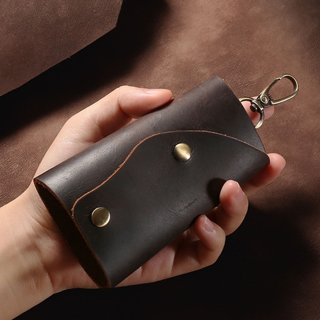 Skórzane etui na klucze - vintage torba na klucze z krowią skórą, brelok z łańcuchem i zatrzaskiem, 6 odpinanych haków, wąski portfel - Wianko - 2