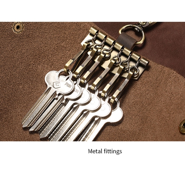 Skórzane etui na klucze - vintage torba na klucze z krowią skórą, brelok z łańcuchem i zatrzaskiem, 6 odpinanych haków, wąski portfel - Wianko - 10