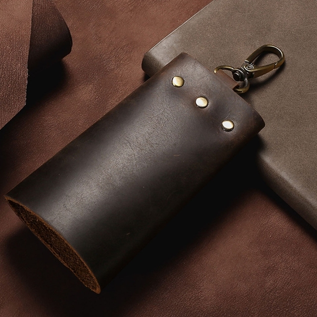 Skórzane etui na klucze - vintage torba na klucze z krowią skórą, brelok z łańcuchem i zatrzaskiem, 6 odpinanych haków, wąski portfel - Wianko - 7
