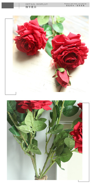 Róże Jedwabne Sztuczne Kwiaty - 5 sztuk/partia, 3 głowice, Czerwone - Dekoracja Ślubna, Domowa, Ogród - Wianko - 80