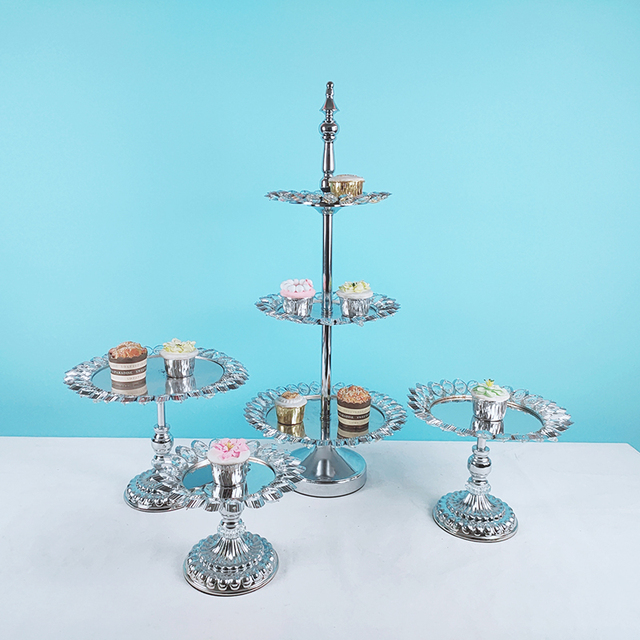 Srebrna galwanizowana metalowa patera na tort - zestaw wyświetlaczy ślubnych i urodzinowych do deserów i babeczek - Wianko - 5