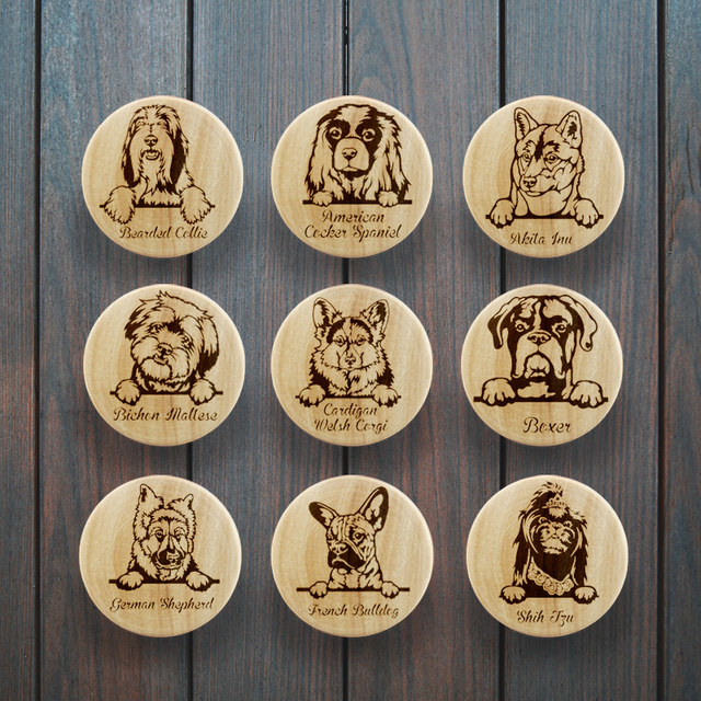 Drewniane uchwyty szuflad dla dzieci z motywem psów - grawerowane, pełne radości Boho przedszkole - Wianko - 2