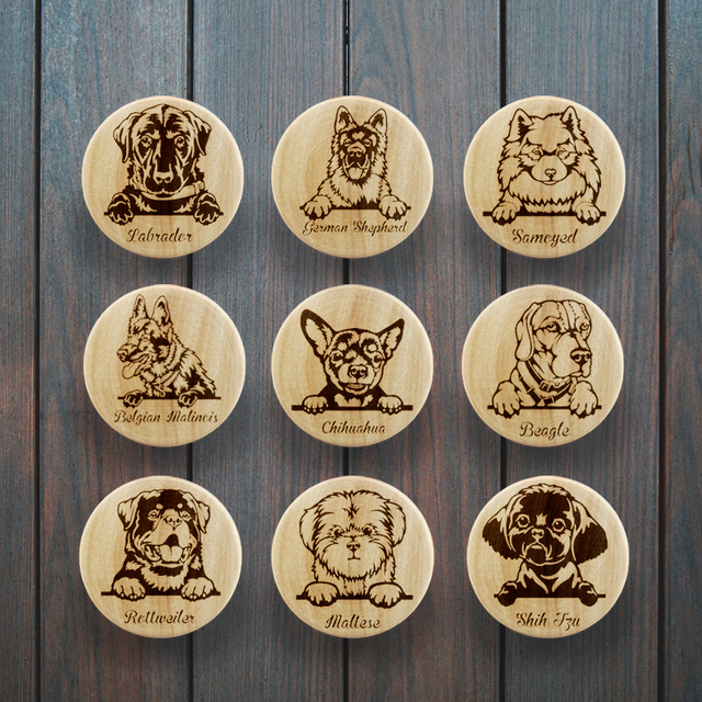 Drewniane uchwyty szuflad dla dzieci z motywem psów - grawerowane, pełne radości Boho przedszkole - Wianko - 1
