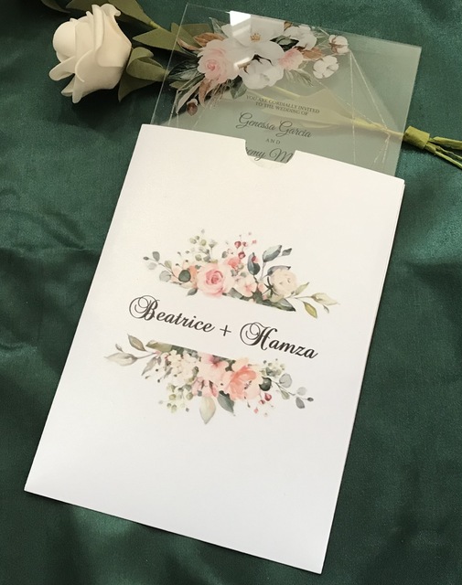 Zaproszenia ślubne Greeney - 10 sztuk w kieszonkowym formacie z kwiatowym motywem - róża i piwonia - Wianko - 1