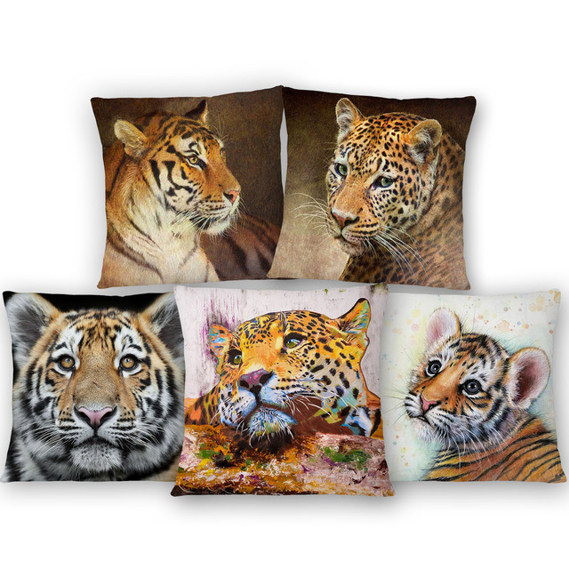 Poszewka na poduszki dzikie zwierzęta ręcznie malowane - Tygrys, Cheetah, Wilk, 45x45cm, beżowy - Wianko - 7