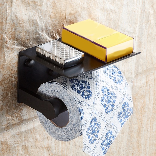 Uchwyt na papier toaletowy czarny z półką ścienną i uchwytem na telefon komórkowy - Wianko - 3