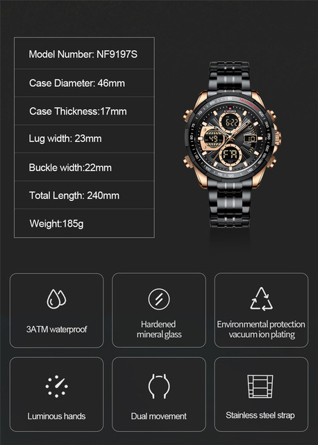 NAVIFORCE Zegarek męski kwarcowy cyfrowy, klasyczny, luksusowy, wojskowy, zegarek sportowy, złoty, ze stali nierdzewnej 9197 - Wianko - 3