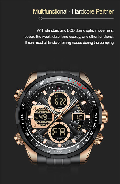 NAVIFORCE Zegarek męski kwarcowy cyfrowy, klasyczny, luksusowy, wojskowy, zegarek sportowy, złoty, ze stali nierdzewnej 9197 - Wianko - 7