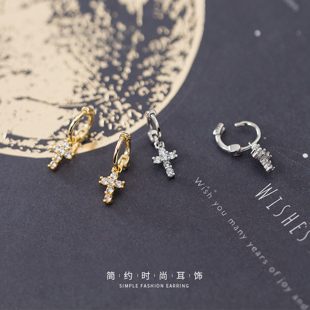 Kolczyki dla kobiet z krzyżem ze srebra 925 i ozdobnymi kamieniami, zapięcie na sztyft - Wianko - 23