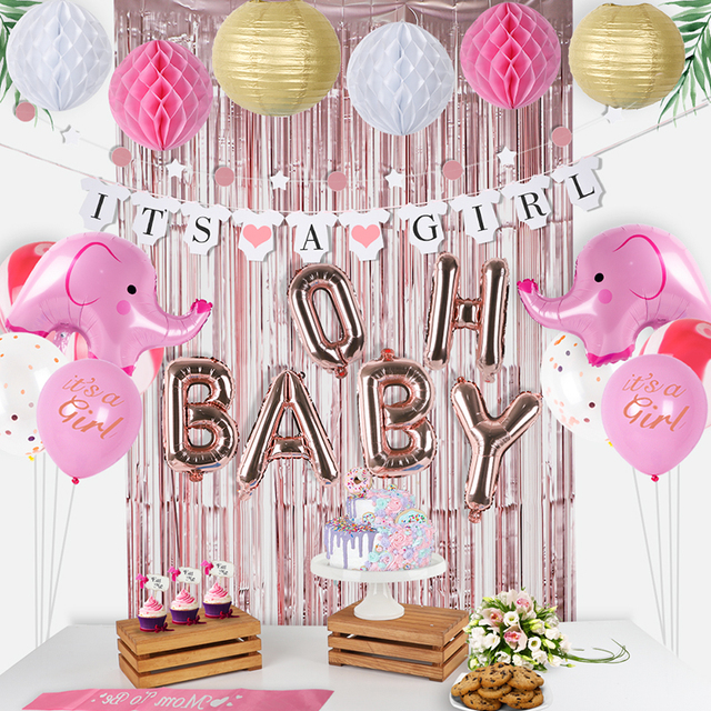 Dekoracje Baby Shower dla dziewczynki - różowe złoto, akcesoria dla mamy, oh baby pink elephant, balony foliowe - Wianko - 1