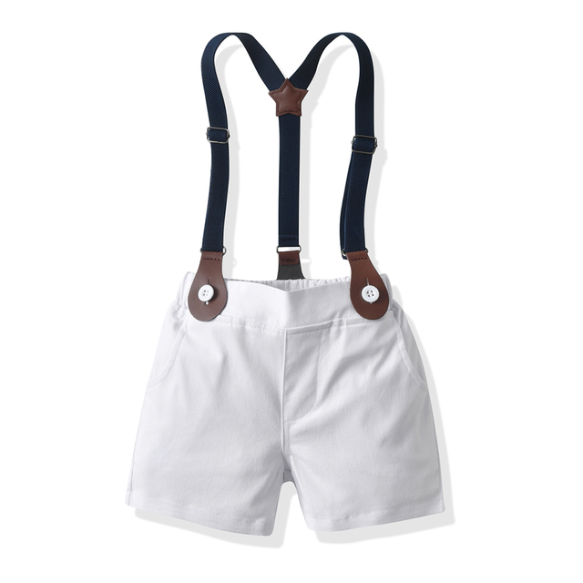 Zestaw dziecięcy dla chłopców w stylu dżentelmena z krótkimi spodenkami, koszulką w paski i szelkami - Wianko - 14