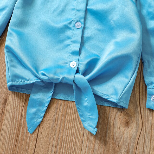 Zestaw ubrań dla niemowląt: Dwuczęściowy jesienno-bawełniany strój dla dziewcząt: koszula z długim rękawem w jednolitym kolorze z klapą i spodenki jeansowe z guzikami - Wianko - 5