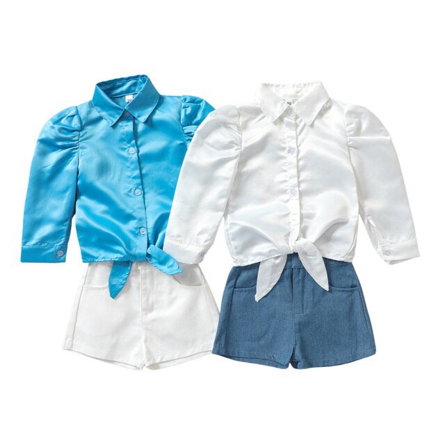 Zestaw ubrań dla niemowląt: Dwuczęściowy jesienno-bawełniany strój dla dziewcząt: koszula z długim rękawem w jednolitym kolorze z klapą i spodenki jeansowe z guzikami - Wianko - 1