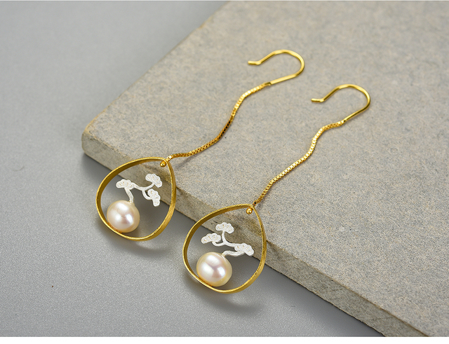 Kolczyki wiszące z prawdziwą sosną Lotus Fun - srebrne kolczyki z naturalnymi perełami 925, ręcznie wykonane, idealne dla kobiet, elegancki prezent - Wianko - 8
