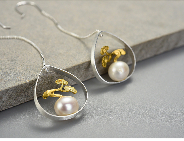 Kolczyki wiszące z prawdziwą sosną Lotus Fun - srebrne kolczyki z naturalnymi perełami 925, ręcznie wykonane, idealne dla kobiet, elegancki prezent - Wianko - 4