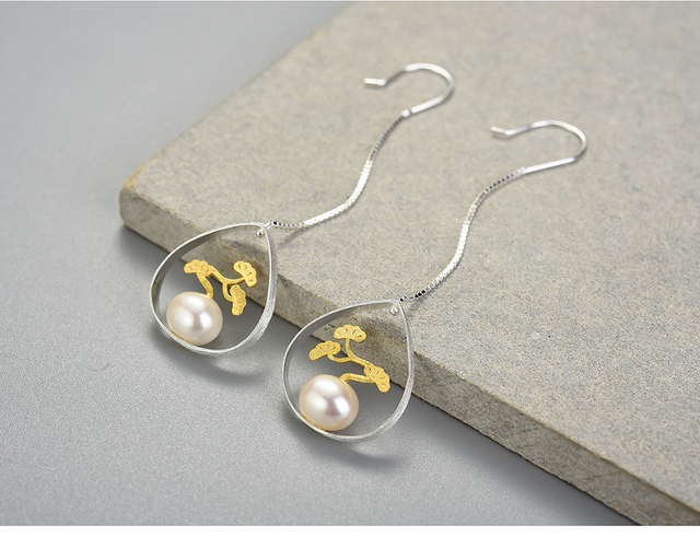 Kolczyki wiszące z prawdziwą sosną Lotus Fun - srebrne kolczyki z naturalnymi perełami 925, ręcznie wykonane, idealne dla kobiet, elegancki prezent - Wianko - 3