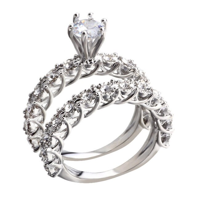Pierścień 2 w 1 z białym kamieniem, srebrny kolor, stylowa biżuteria ślubna i zaręczynowa - Wianko - 3