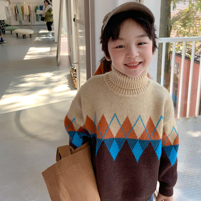 Sweter dziecięcy zimowy w koreańskim stylu z golfem - 2021, dzianina diamentowa, dla chłopców i dziewcząt - Wianko - 7