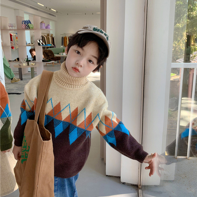 Sweter dziecięcy zimowy w koreańskim stylu z golfem - 2021, dzianina diamentowa, dla chłopców i dziewcząt - Wianko - 6