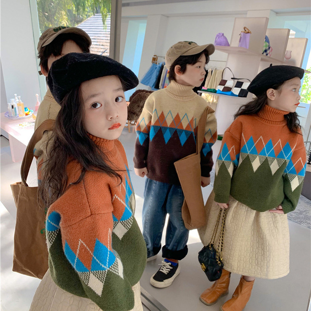Sweter dziecięcy zimowy w koreańskim stylu z golfem - 2021, dzianina diamentowa, dla chłopców i dziewcząt - Wianko - 4