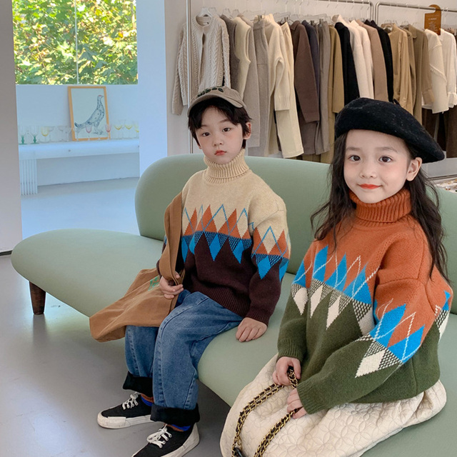 Sweter dziecięcy zimowy w koreańskim stylu z golfem - 2021, dzianina diamentowa, dla chłopców i dziewcząt - Wianko - 2