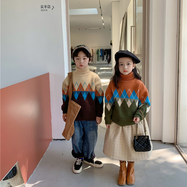 Sweter dziecięcy zimowy w koreańskim stylu z golfem - 2021, dzianina diamentowa, dla chłopców i dziewcząt - Wianko - 3