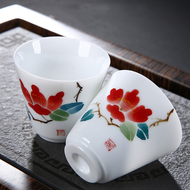 Zestaw 2 chińskich filiżanek do herbaty - ręcznie malowane, porcelanowe, z jadeitowym wzorem - Wianko - 4