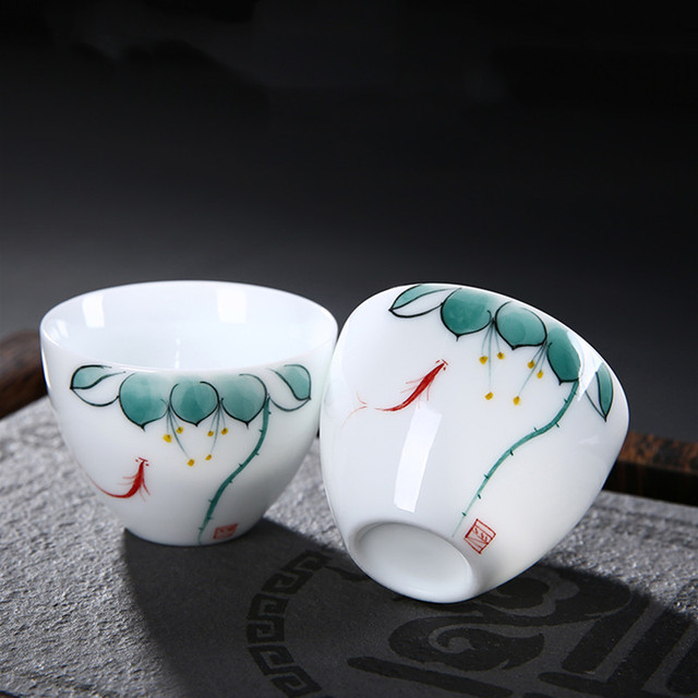 Zestaw 2 chińskich filiżanek do herbaty - ręcznie malowane, porcelanowe, z jadeitowym wzorem - Wianko - 3