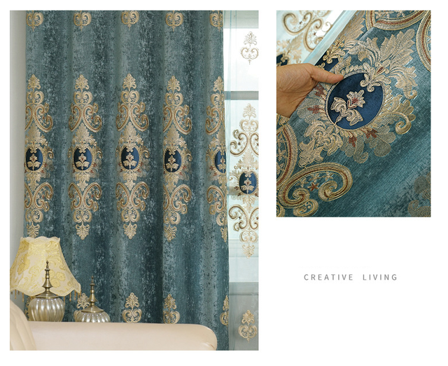 Zasłony europejskiego stylu do salonu z haftowanymi zasłonami Chenille, kolor niebieski, do sypialni - Wianko - 6