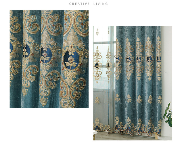 Zasłony europejskiego stylu do salonu z haftowanymi zasłonami Chenille, kolor niebieski, do sypialni - Wianko - 5